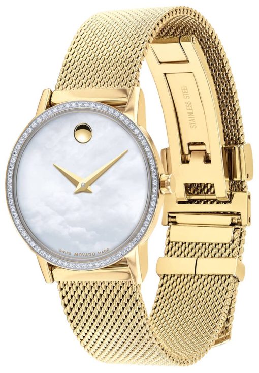 Movado Museum Classic White MOP Dial Yellow Gold-Tone PVD Mesh Bracelet Watch, 28mm - Image 2