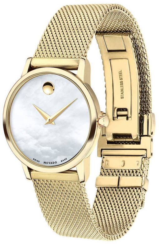 Movado Museum Classic White MOP Dial Yellow Gold-Tone PVD Mesh Bracelet Watch, 28mm - Image 2