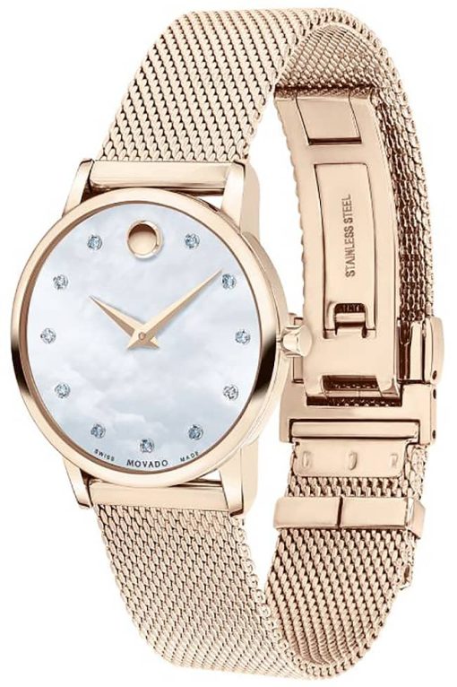 Movado Museum Classic White MOP w/ Diamonds Dial Rose Gold-Tone PVD Mesh Bracelet Watch, 28mm - Image 2