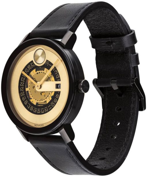Movado BOLD Evolution Yellow Gold-Tone Metallic Dial Black Leather Strap Watch, 40mm - Image 2