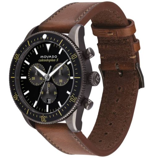 Movado Heritage Series Chronograph Black Dial Cognac Leather Strap Watch, 42mm - Image 2