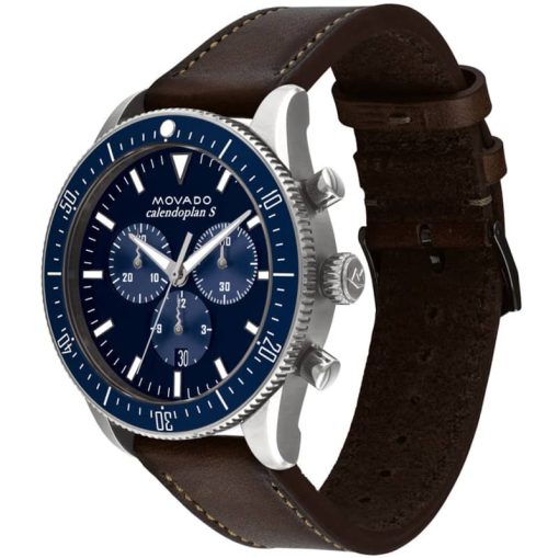 Movado Heritage Series Chronograph Navy Dial Chocolate Leather Strap Watch, 43mm - Image 2