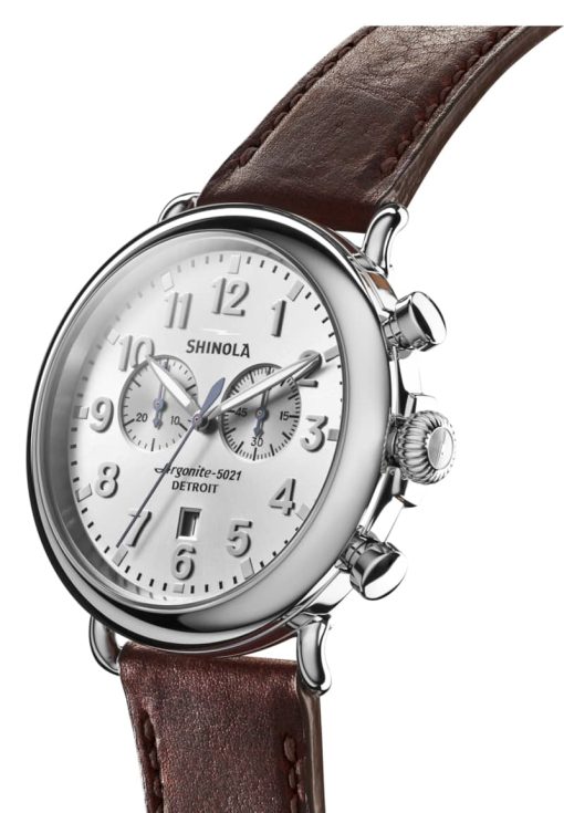 Shinola The Runwell Chrono Silver Sunray Dial Brown Leather Watch, 47mm - Image 2