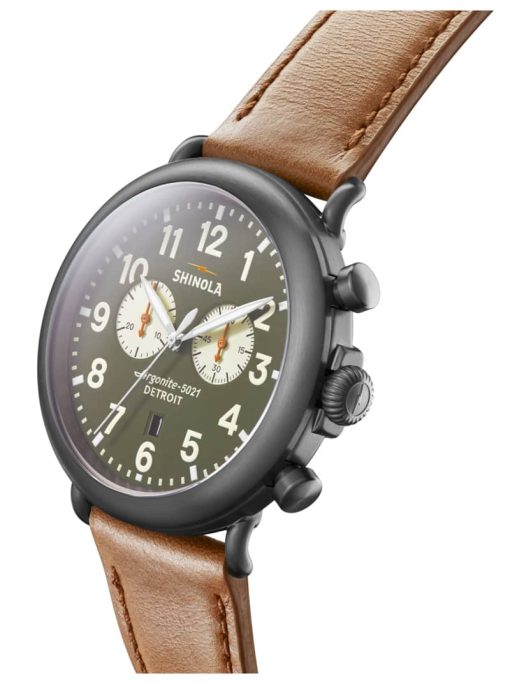 Shinola The Runwell Chrono Green Dial Tan Leather Strap Watch, 47mm - Image 2