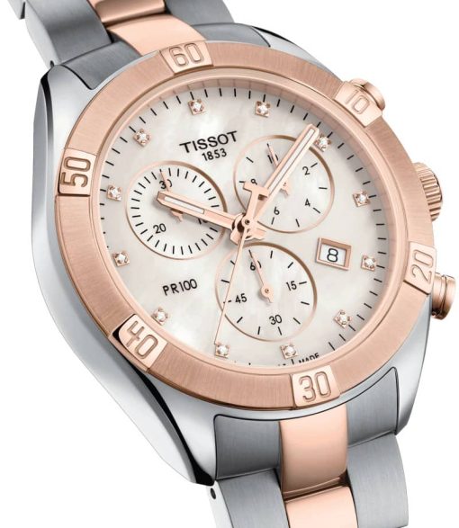 Tissot PR 100 Sport Chic Chronograph White MOP Dial w/ Diamonds Two-Tone Carnation Gold Bracelet Watch, 38mm - Image 4
