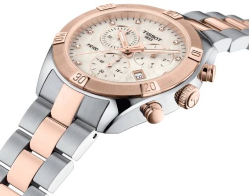 Tissot PR 100 Sport Chic Chronograph White MOP Dial w/ Diamonds Two-Tone Carnation Gold Bracelet Watch, 38mm - Image 3