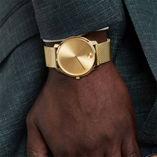 Movado BOLD Thin Yellow Gold-Tone Dial & Ion-Plated SS Mesh Bracelet Watch, 42mm - Image 4