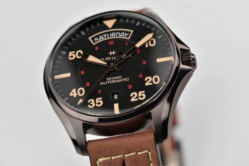 Hamilton Khaki Aviation Day Date Auto Black Dial Brown Leather Strap Watch, 42mm - Image 5