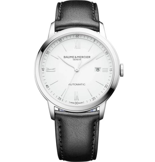 Baume & Mercier Classima Automatic White Dial Black Leather Watch, 42mm