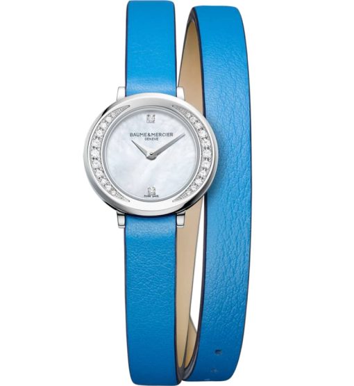 Baume & Mercier Promesse Diamond Silver-Tone Stainless Steel Blue Calfskin Watch, MOP Dial, 22mm