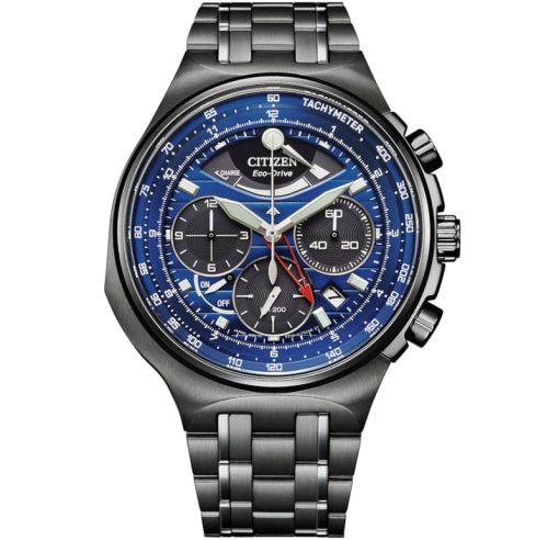 Citizen Eco-Drive Caliber 2100 Chronograph Blue Dial Black Ion-Plated SS Bracelet Watch, 44mm