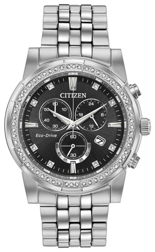 Citizen Eco-Drive Crystal Chronograph Black Dial Silver-Tone SS Bracelet Watch, 42mm