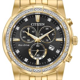 Citizen Eco-Drive Crystal Chronograph Black Dial Gold-Tone Ion-Plated SS Bracelet Watch, 42mm