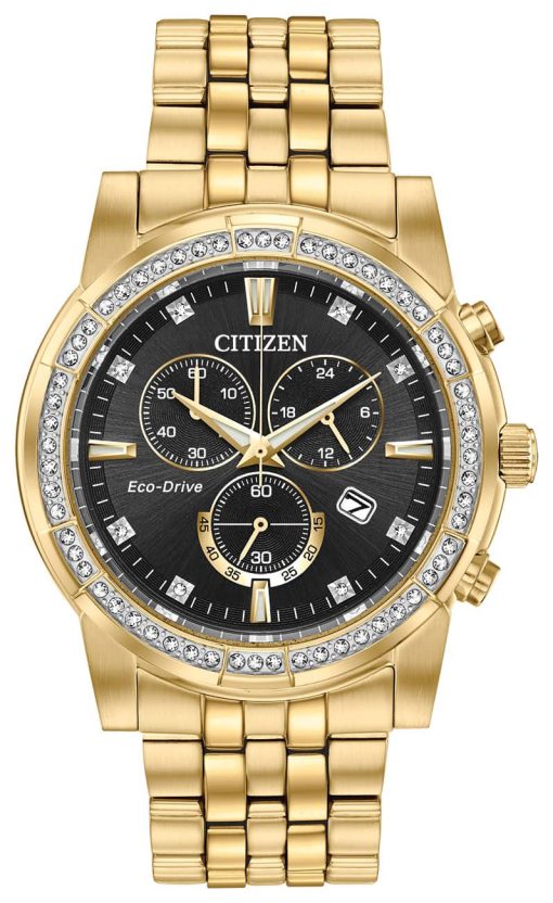 Citizen Eco-Drive Crystal Chronograph Black Dial Gold-Tone Ion-Plated SS Bracelet Watch, 42mm