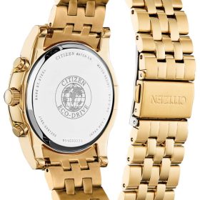 Citizen Eco-Drive Crystal Chronograph Black Dial Gold-Tone Ion-Plated SS Bracelet Watch, 42mm - Image 3