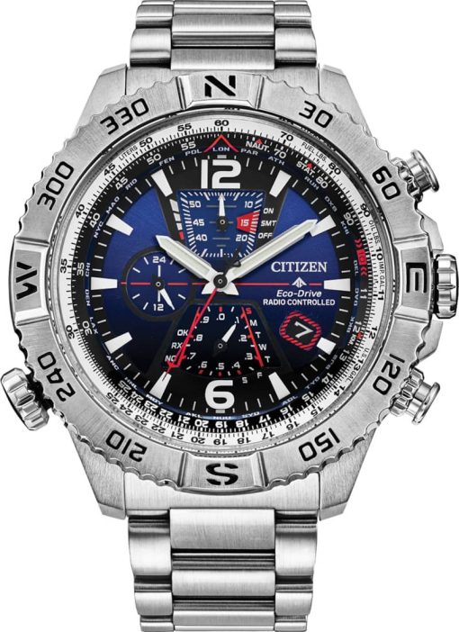 Citizen Eco-Drive Promaster Navihawk A-T Chronograph Blue Dial Silver SS Bracelet Watch, 48mm