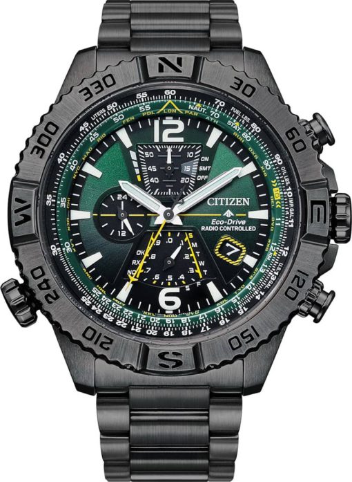 Citizen Eco-Drive Promaster Navihawk A-T Chronograph Green Dial Grey SS Bracelet Watch, 48mm