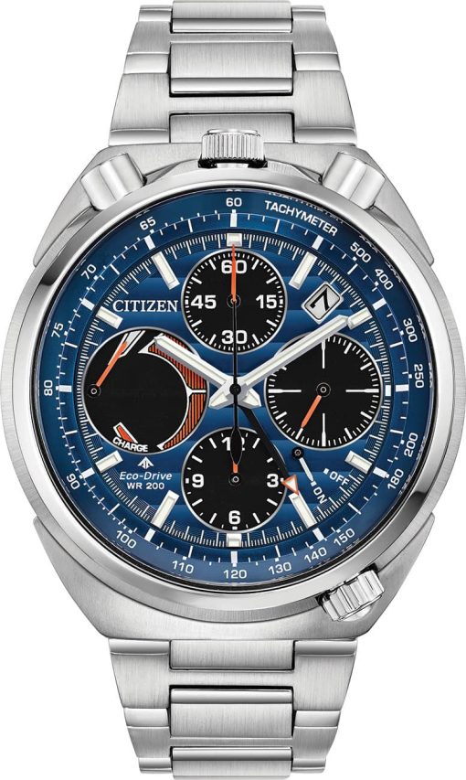 Citizen Eco-Drive Promaster Tsuno Chronograph Racer Blue Dial Silver SS Bracelet Watch, 45mm