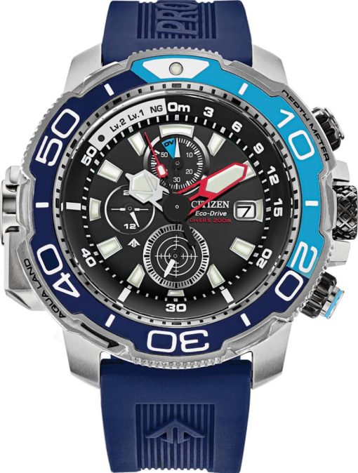 Citizen Eco-Drive Promaster Aqualand Chronograph Black Dial Blue Polyurethane Strap Watch, 50mm