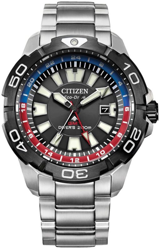 Citizen Eco-Drive Promaster GMT Black w/ Red Accents Dial Silver-Tone SS Bracelet Watch, 44mm