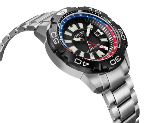 Citizen Eco-Drive Promaster GMT Black w/ Red Accents Dial Silver-Tone SS Bracelet Watch, 44mm - Image 4