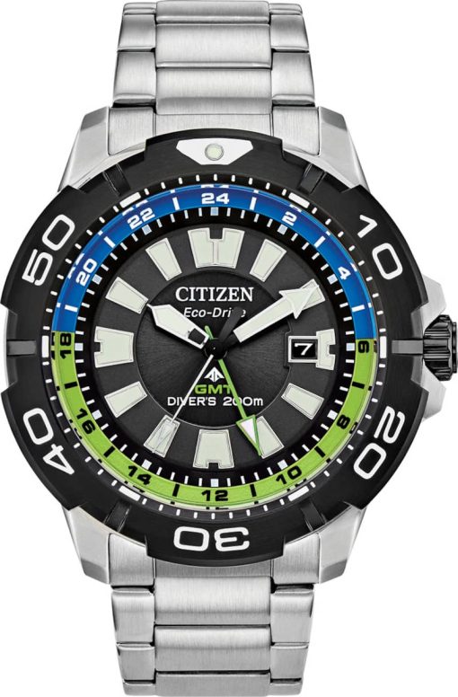 Citizen Eco-Drive Promaster GMT Black w/ Green Accents Dial Silver-Tone SS Bracelet Watch, 44mm
