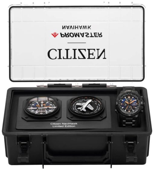 Citizen Eco-Drive Promaster Navihawk A-T L.E. Chronograph Blue Dial Black Ion-Plated SS Watch Set, 48mm - Image 4