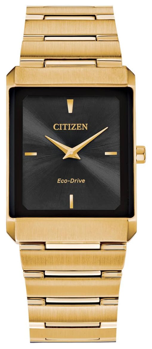 Citizen Eco-Drive Stiletto Black Dial Gold-Tone Ion-Plated SS Bracelet Watch, 28mm x 38mm