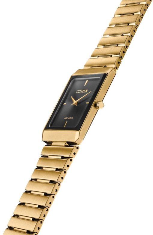 Citizen Eco-Drive Stiletto Black Dial Gold-Tone Ion-Plated SS Bracelet Watch, 28mm x 38mm - Image 4