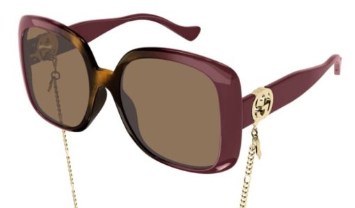 Gucci GG1029SA Oversized Square Sunglasses, Havana & Burgundy Frames w/ Chain, 57mm