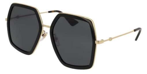 Gucci GG0106S Oversized Hexagonal Sunglasses, Black/Gold Frames, 58mm