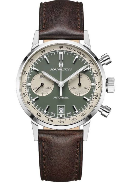 Hamilton American Classic Intra-Matic Auto Chrono Green Dial Brown Leather Watch, 40mm