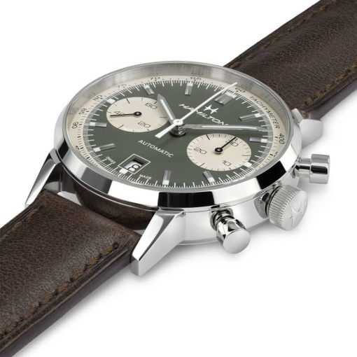 Hamilton American Classic Intra-Matic Auto Chrono Green Dial Brown Leather Watch, 40mm - Image 2