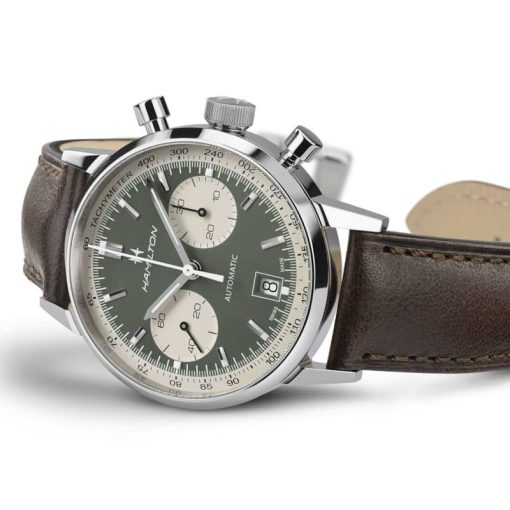 Hamilton American Classic Intra-Matic Auto Chrono Green Dial Brown Leather Watch, 40mm - Image 3
