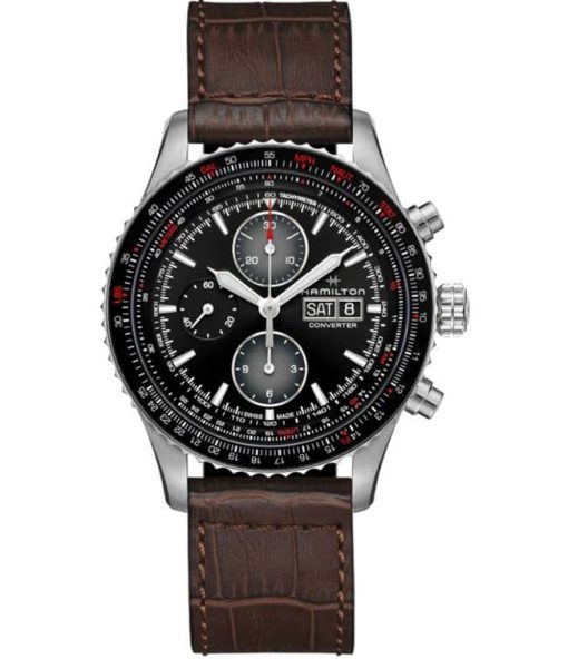 Hamilton Khaki Aviation Converter Auto Chrono Black Dial Brown Leather Strap Watch, 44mm