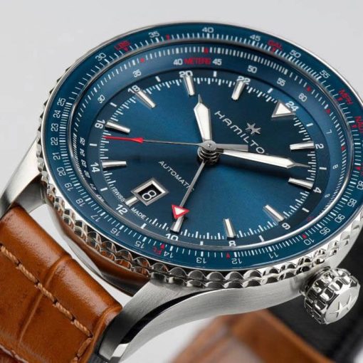 Hamilton Khaki Aviation Converter Auto GMT Blue Dial Brown Leather Strap Watch, 44mm - Image 4