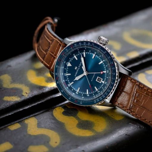 Hamilton Khaki Aviation Converter Auto GMT Blue Dial Brown Leather Strap Watch, 44mm - Image 7