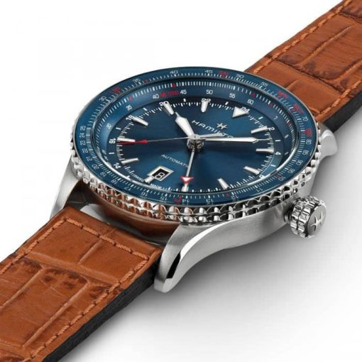 Hamilton Khaki Aviation Converter Auto GMT Blue Dial Brown Leather Strap Watch, 44mm - Image 2