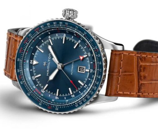Hamilton Khaki Aviation Converter Auto GMT Blue Dial Brown Leather Strap Watch, 44mm - Image 3