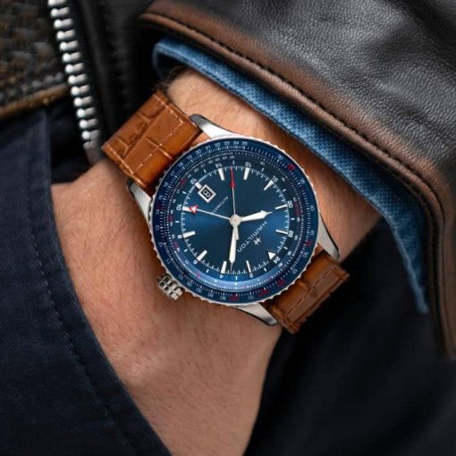 Hamilton Khaki Aviation Converter Auto GMT Blue Dial Brown Leather Strap Watch, 44mm - Image 6