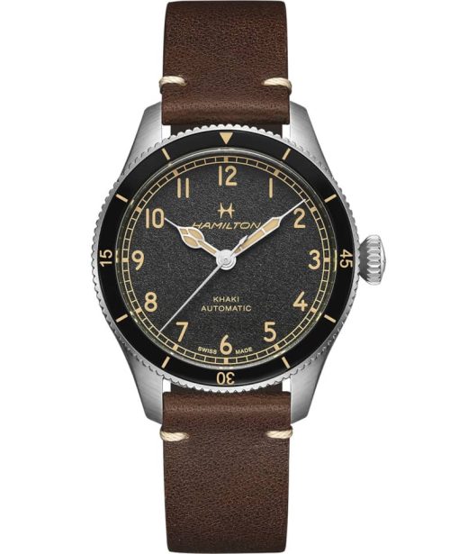 Hamilton Khaki Aviation Pilot Pioneer Automatic Black Dial Brown Leather Watch, 38mm