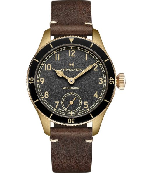 Hamilton Khaki Aviation Pilot Pioneer Bronze Black Dial Brown Leather Strap Watch, 43mm
