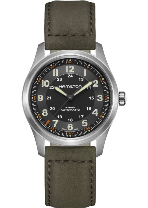 Hamilton Khaki Field Titanium Auto Black Dial Leather Strap Watch, 38mm