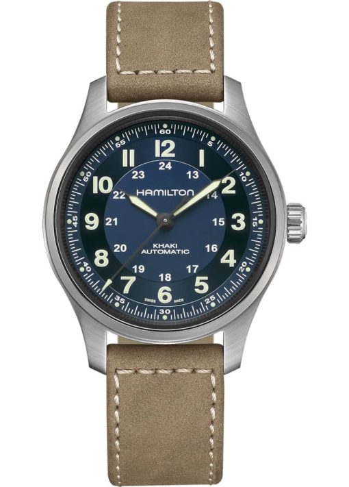 Hamilton Khaki Field Titanium Auto Blue Dial Brown Leather Strap Watch, 42mm