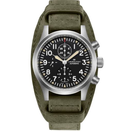 Hamilton Khaki Field Auto Chrono Black Dial Green Leather Strap Watch, 44mm