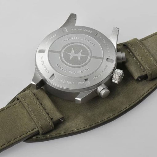 Hamilton Khaki Field Auto Chrono Black Dial Green Leather Strap Watch, 44mm - Image 4