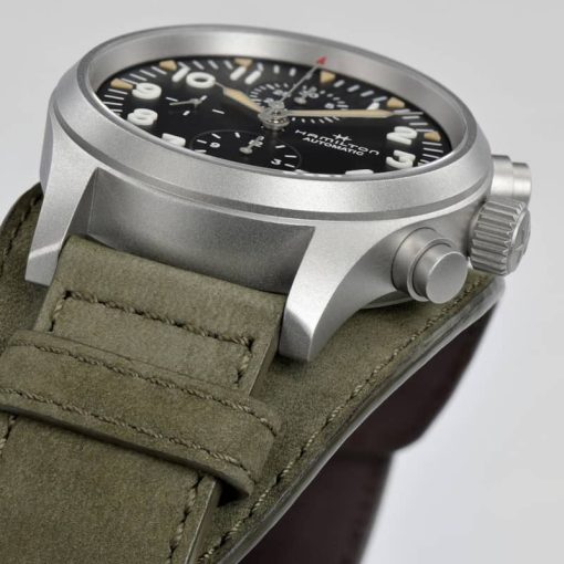 Hamilton Khaki Field Auto Chrono Black Dial Green Leather Strap Watch, 44mm - Image 6