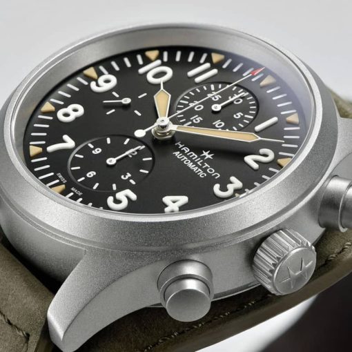 Hamilton Khaki Field Auto Chrono Black Dial Green Leather Strap Watch, 44mm - Image 5