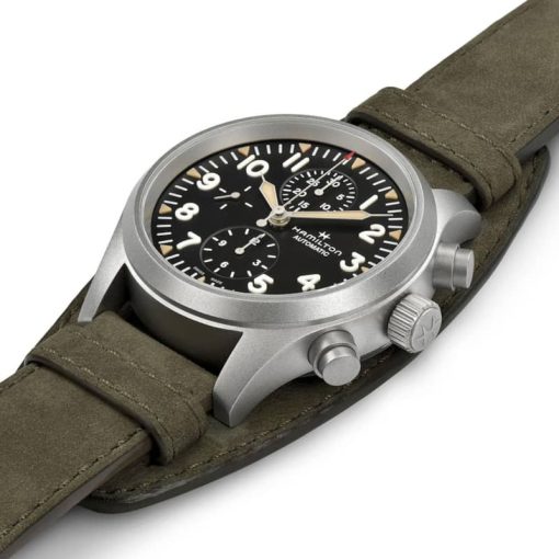 Hamilton Khaki Field Auto Chrono Black Dial Green Leather Strap Watch, 44mm - Image 2