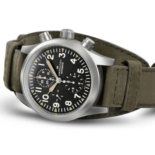 Hamilton Khaki Field Auto Chrono Black Dial Green Leather Strap Watch, 44mm - Image 3